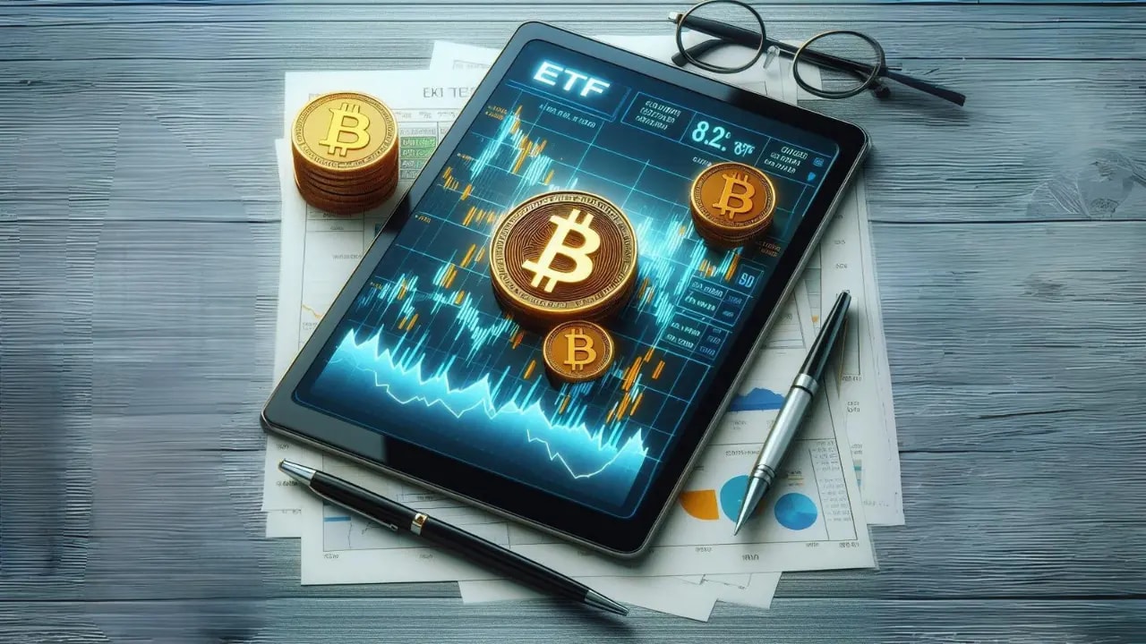 Bitcoin ETF, Bitcoin in a tablet, futuristic image