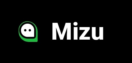 Mizu logo in green and white with black background