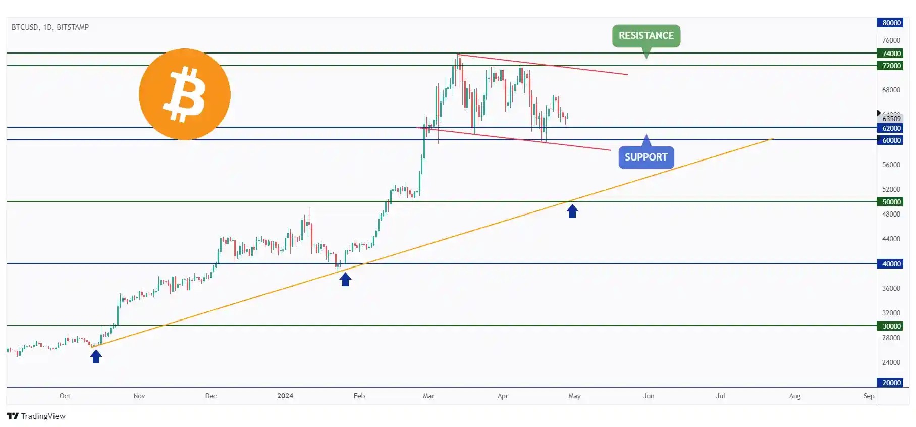 BTC daily chart hovering around a strong support zone $60,000 - $62,000.
